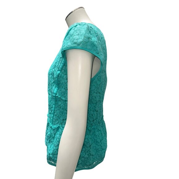 Ann Taylor Size 4 Turquoise Lace Peplum Blouse Chic Romantic Fit Floral Overlay - Picture 4 of 13